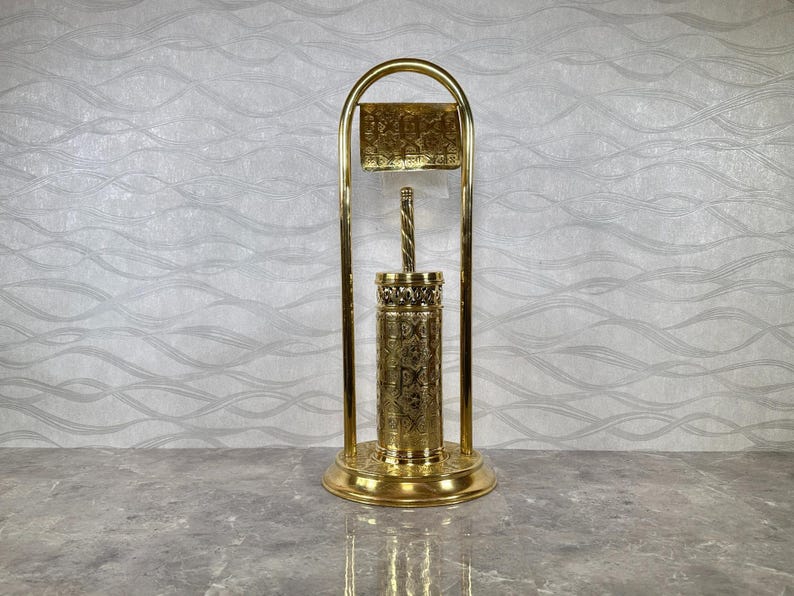 Handmade Solid Brass Toilet Paper Holder with Stand – Moroccan Engraved Freestanding Bathroom Accessory