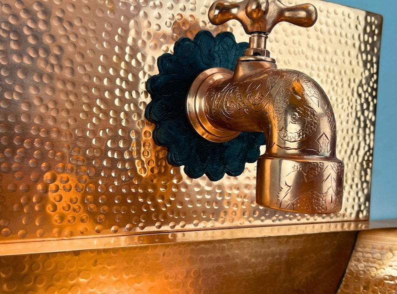 Hand-Hammered Moroccan Copper Wall-Mount Sink with Matching Backsplash and Tap