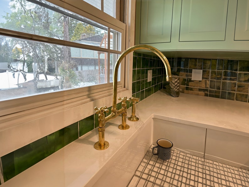 Unlacquered Brass Bridge Kitchen Faucet with Side Sprayer