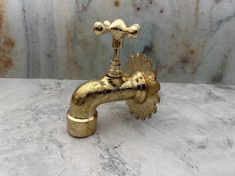 Hand-Engraved Polished Brass Wall Mount Faucet