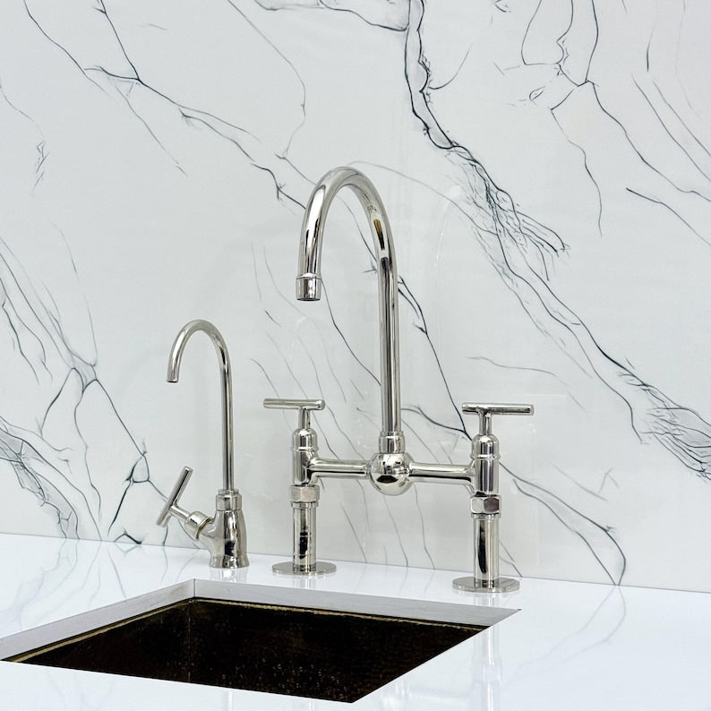 Luxury Polished Nickel Bridge Kitchen Faucet with Side Sprayer