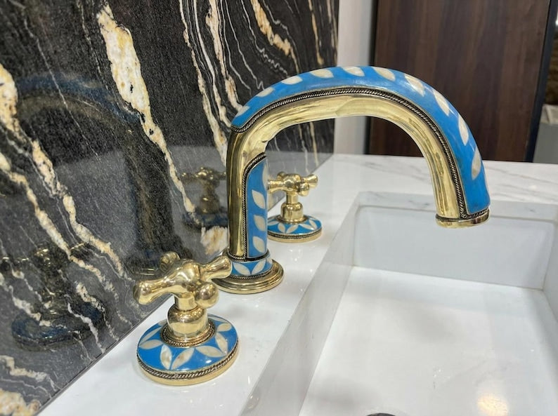Blue Mosaic Brass Bridge Faucet