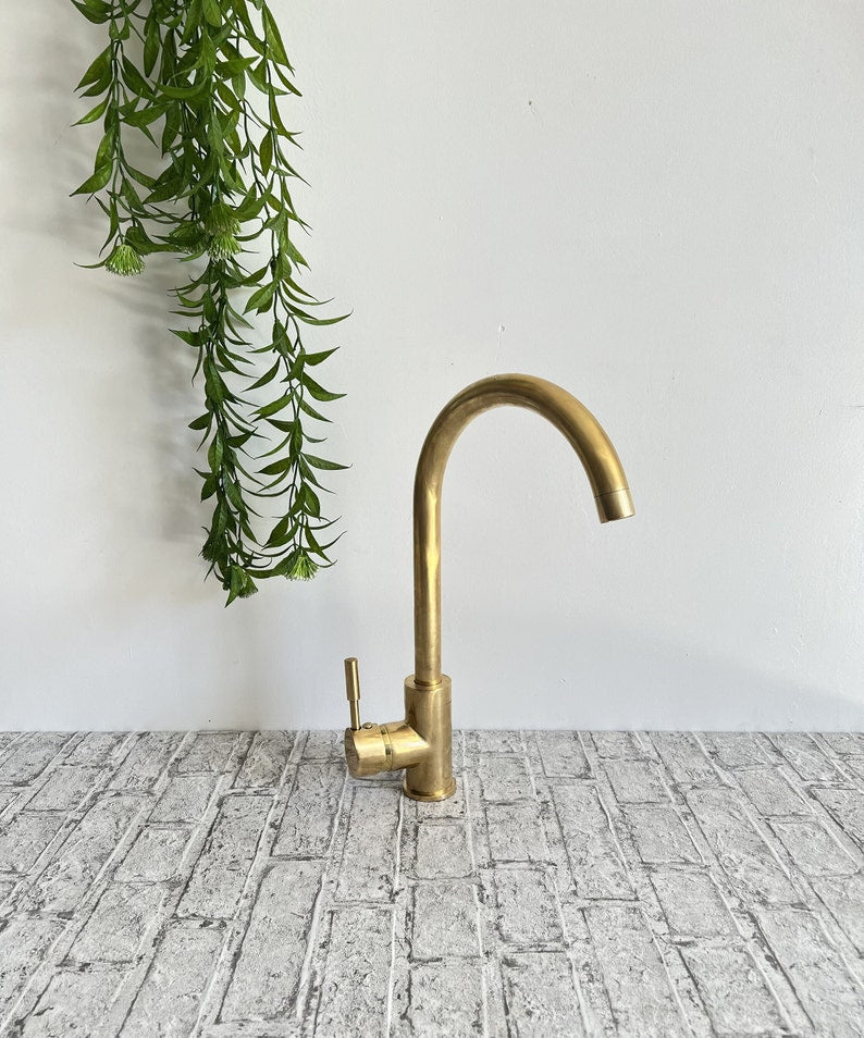 Antique Brass Gooseneck Kitchen Faucet with Slim Lever Handle