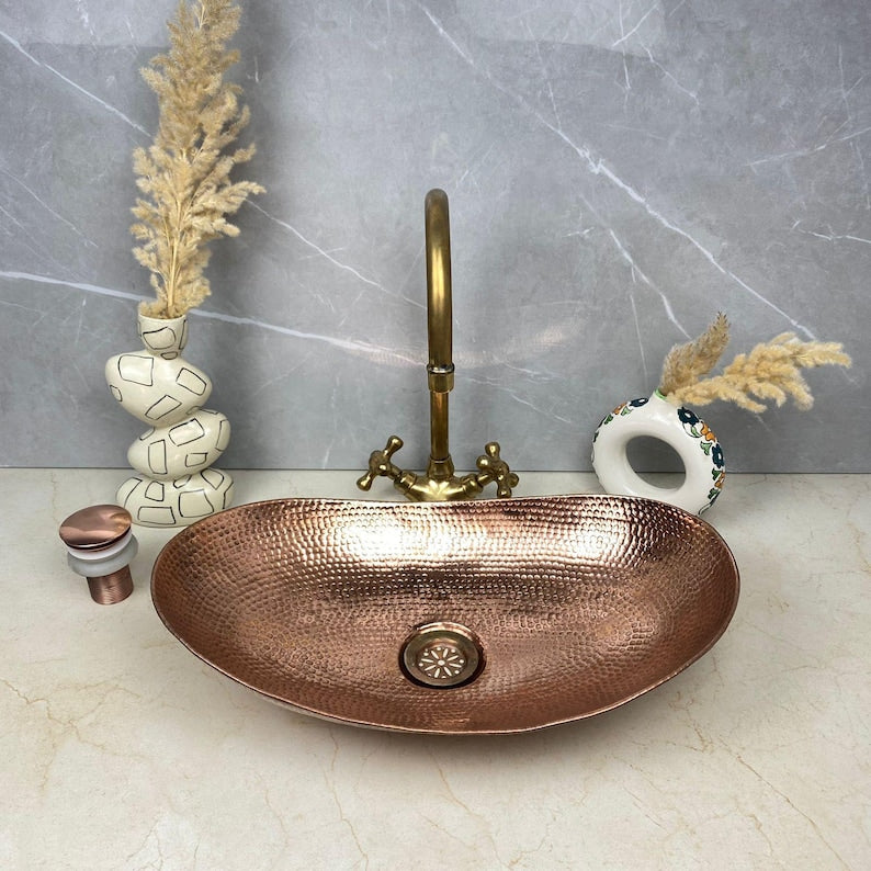 Hand-Hammered Oval Copper Sink with Vintage Brass Faucet