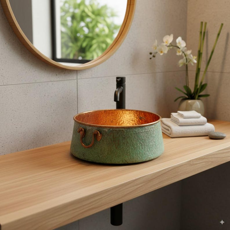 Green Patina Copper Vessel Sink with Decorative Handles