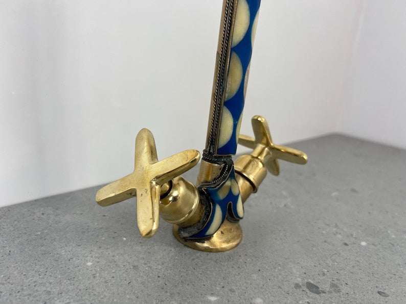 Blue Inlay Brass Gooseneck Faucet with Cross Handles