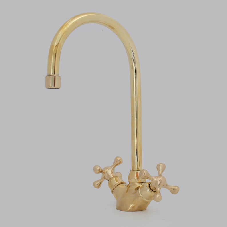 Tall Polished Brass Gooseneck Faucet with Cross Handles