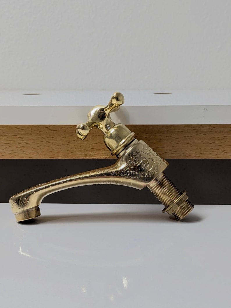 Vintage Engraved Brass Bibcock Faucet with Cross Handle