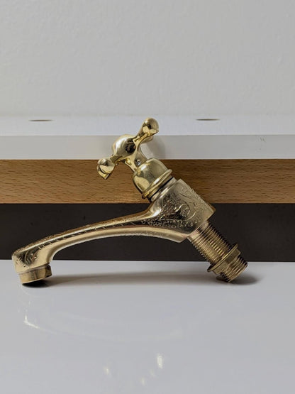 Vintage Engraved Brass Bibcock Faucet with Cross Handle