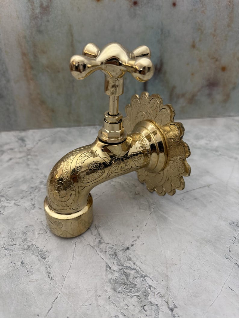 Hand-Engraved Polished Brass Wall Mount Faucet