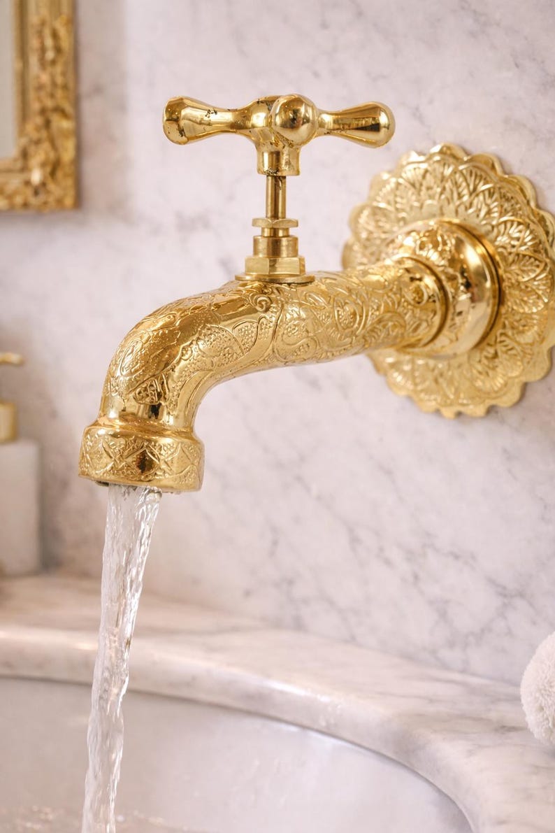 Engraved Polished Brass Wall Mount Bathroom Faucet