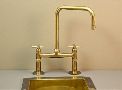 Unlacquered Brass Bridge Kitchen Faucet with Dual Sprayers