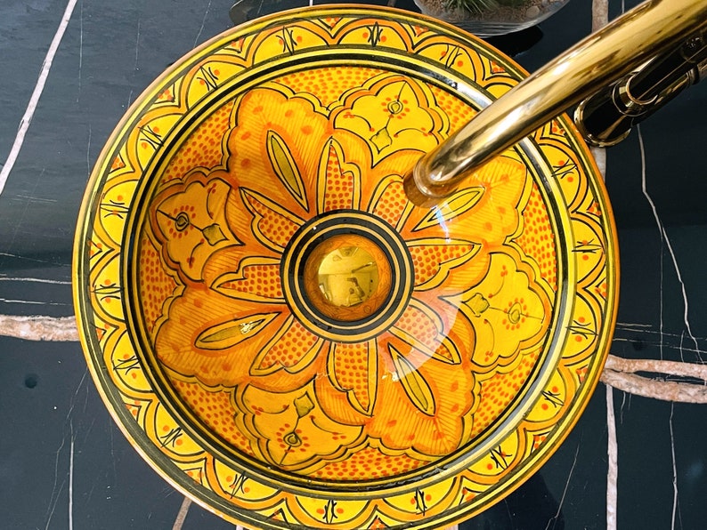 Hand-Painted Moroccan Ceramic Vessel Sink – Yellow Artisan Basin