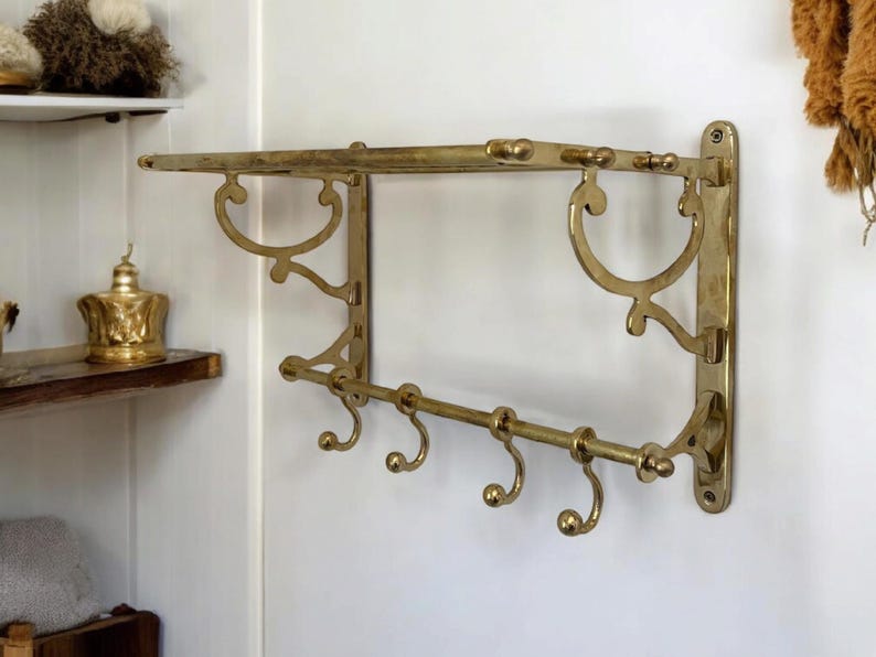 Handmade Solid Brass Wall Shelf with Hooks – Vintage Moroccan Bathroom & Entryway Rack