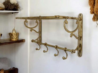 Handmade Solid Brass Wall Shelf with Hooks – Vintage Moroccan Bathroom & Entryway Rack