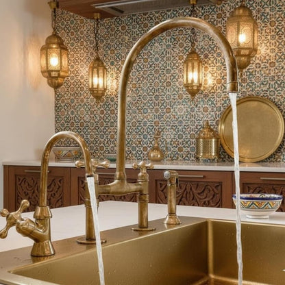 Moroccan-Style Unlacquered Brass Bridge Kitchen Faucet