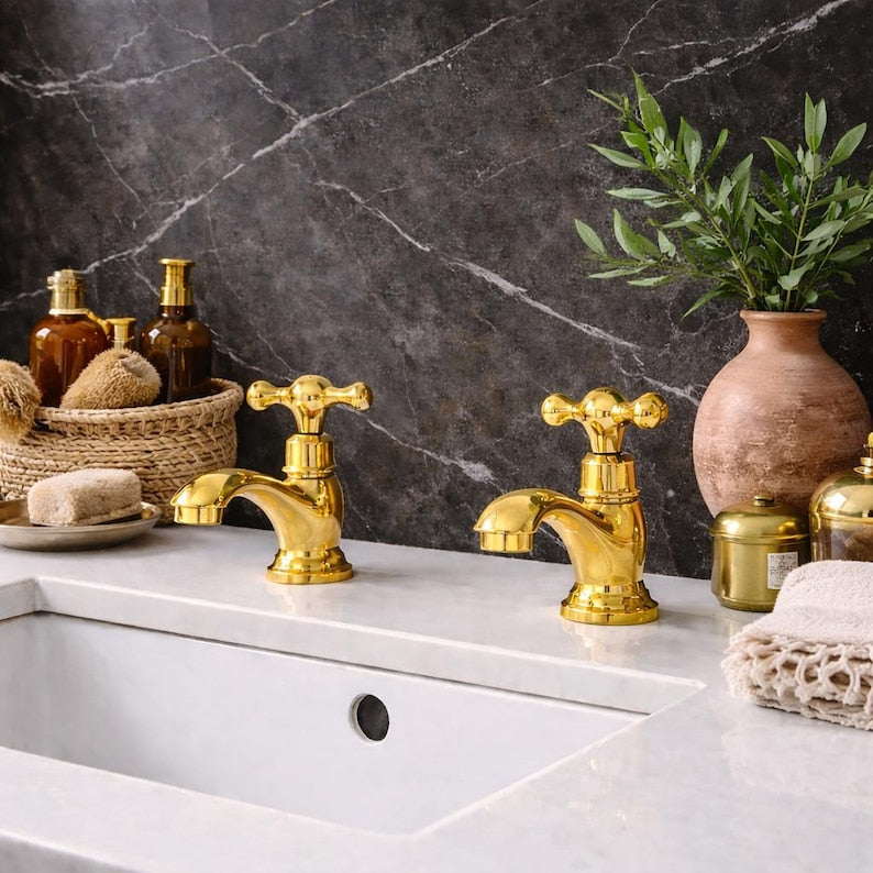 Polished Brass Cross-Handle Bathroom Faucet
