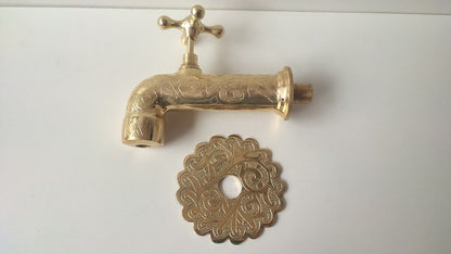 Hand-Engraved Polished Brass Wall Mount Faucet