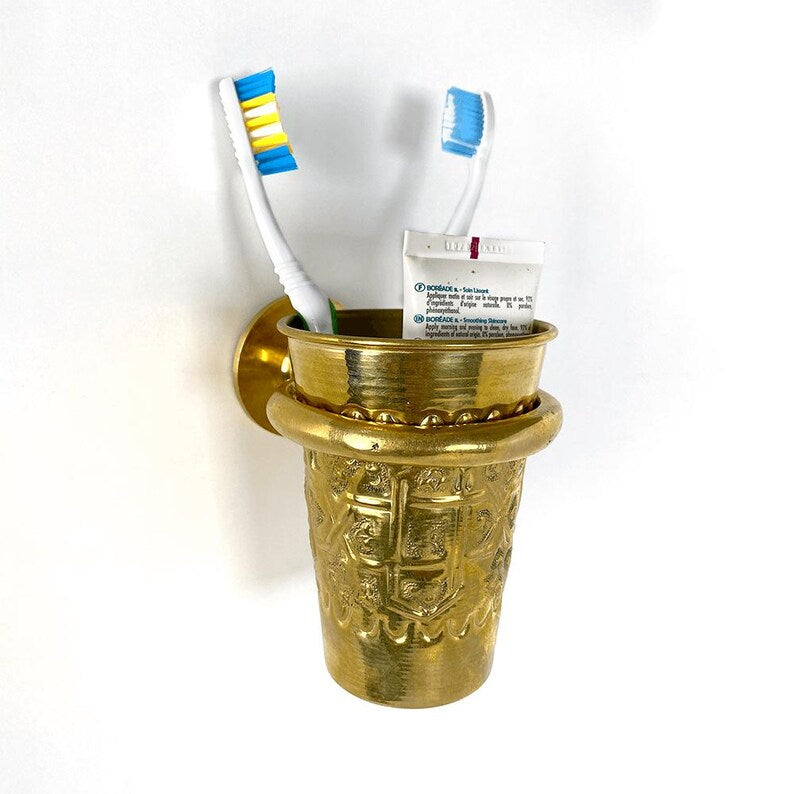 Solid Brass Wall-Mounted Toothbrush Holder – Vintage Moroccan Bathroom Cup