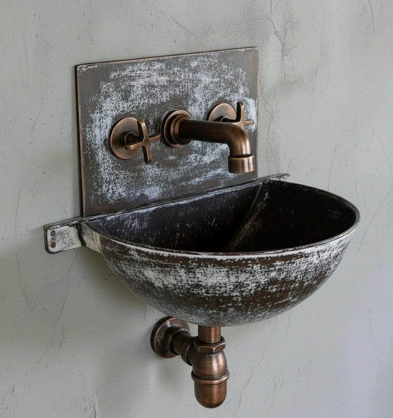 Hand-Hammered Moroccan Copper Vanity Set with Distressed White Patina and Matching Mirror