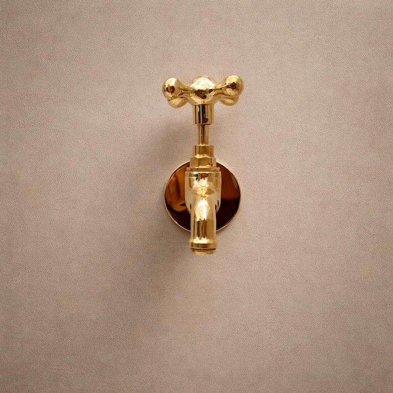 Wall-Mount Polished Brass Bibcock Tap with Cross Handle