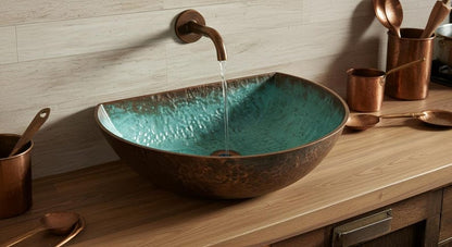 Hand-Hammered Moroccan Copper Vessel Sink with Turquoise Verdigris Interior