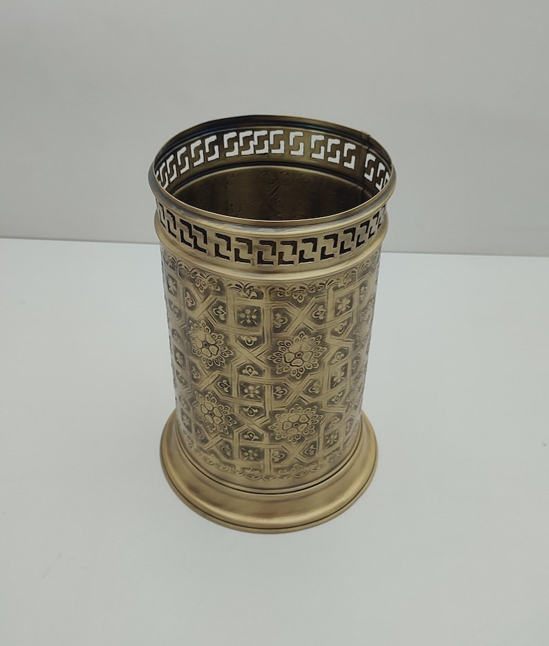 Handmade Solid Brass Wastebasket – Engraved Moroccan Bathroom Trash Can