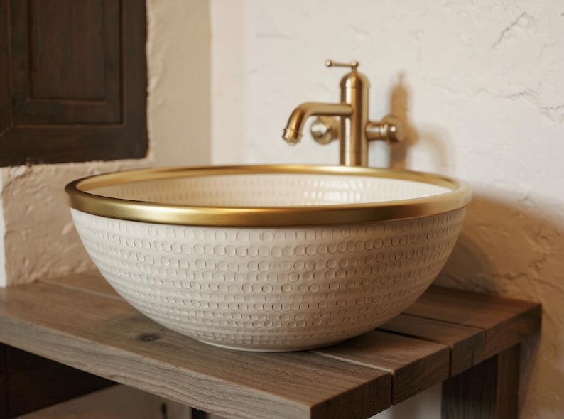 Handcrafted Textured Vessel Sink with Brass Rim