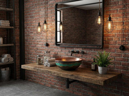 Hammered Copper Vessel Sink with Green Patina Accent