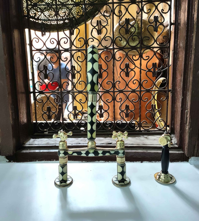 Mother of Pearl Inlay Brass Bridge Kitchen Faucet