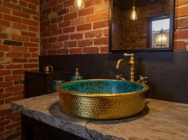 Turquoise Hammered Brass Vessel Sink with Gold Exterior