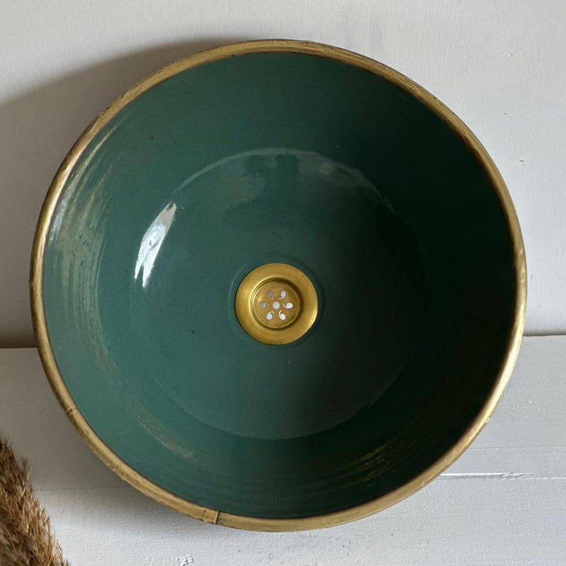 Green Patina Copper Vessel Sink with Brass Rim