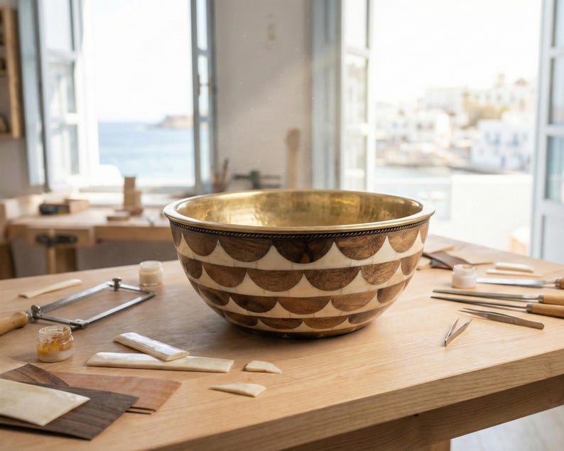 Moroccan Wood & Resin Inlay Vessel Sink with Brass Interior