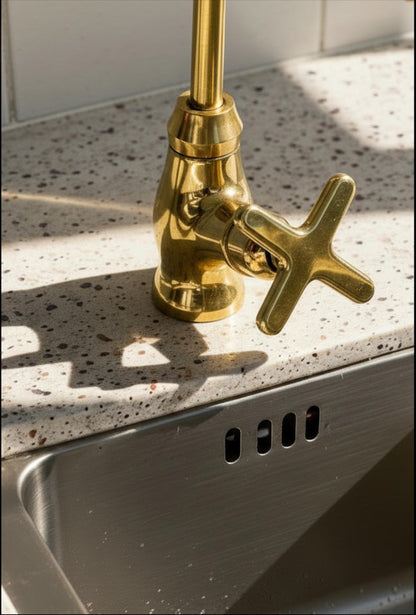 Unlacquered Brass Bridge Kitchen Faucet with Side Sprayer