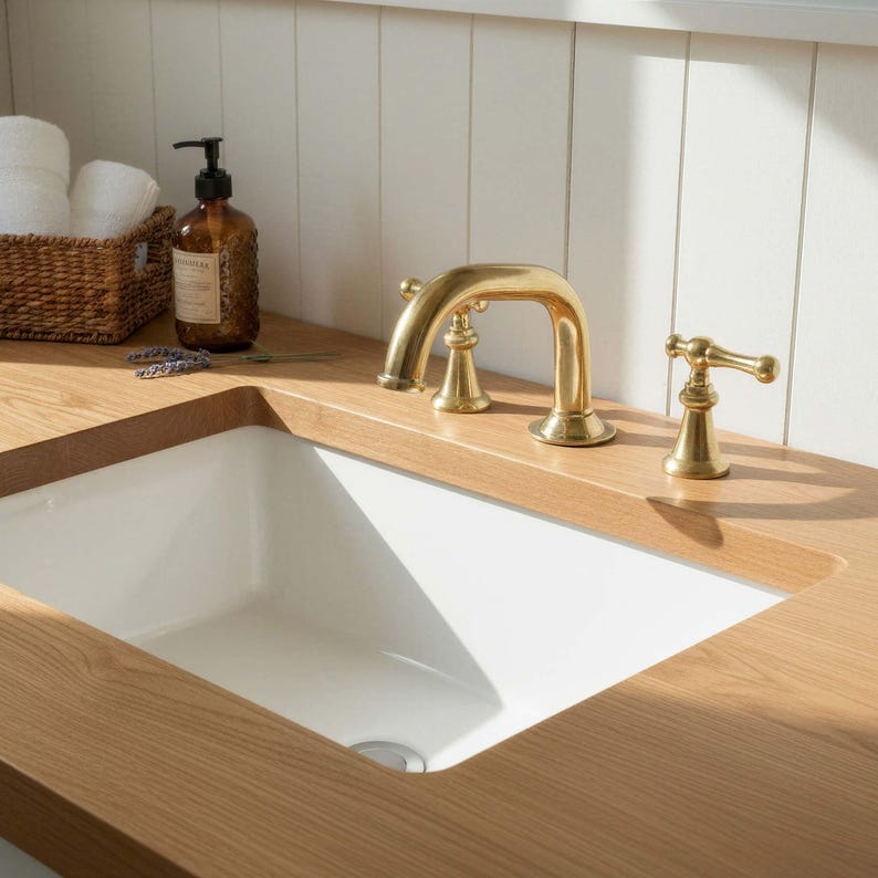 Widespread Unlacquered Brass Bathroom Faucet with Classic Lever Handles