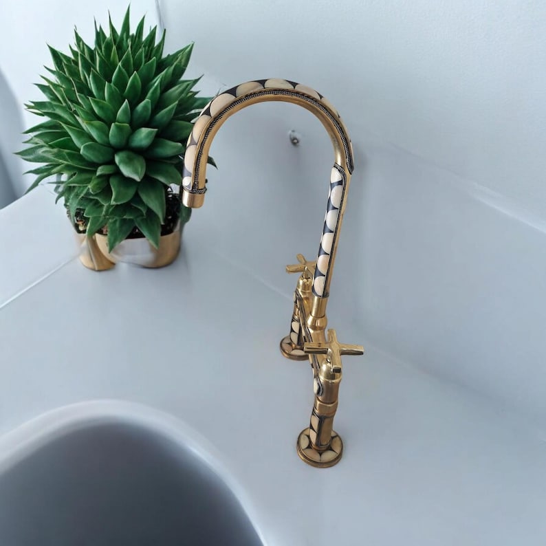 Mother of Pearl Inlay Brass Kitchen Faucet with Side Sprayer