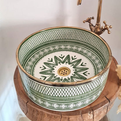 Hand-Painted Moroccan Ceramic Vessel Sink with Brass Rim