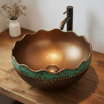 Scalloped Edge Two-Tone Patina Copper Vessel Sink