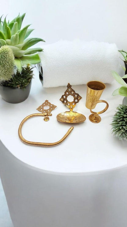 Handmade Brass Bathroom Accessories Set – Moroccan Style Towel Ring, Soap Dish & Toothbrush Holder