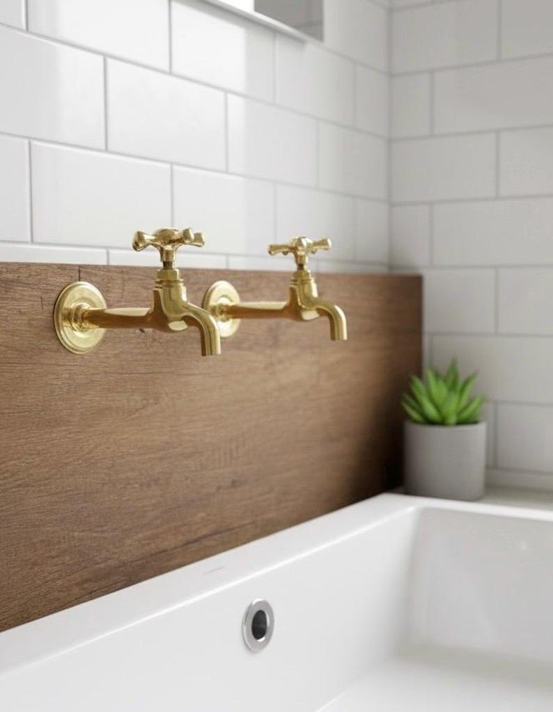 Unlacquered Brass Wall Mount Bathroom Faucet with Cross Handles