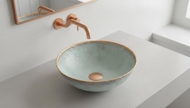 Light Green Textured Ceramic Vessel Sink with Gold Rim