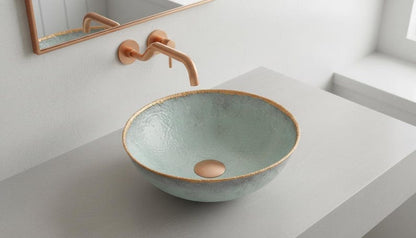 Light Green Textured Ceramic Vessel Sink with Gold Rim