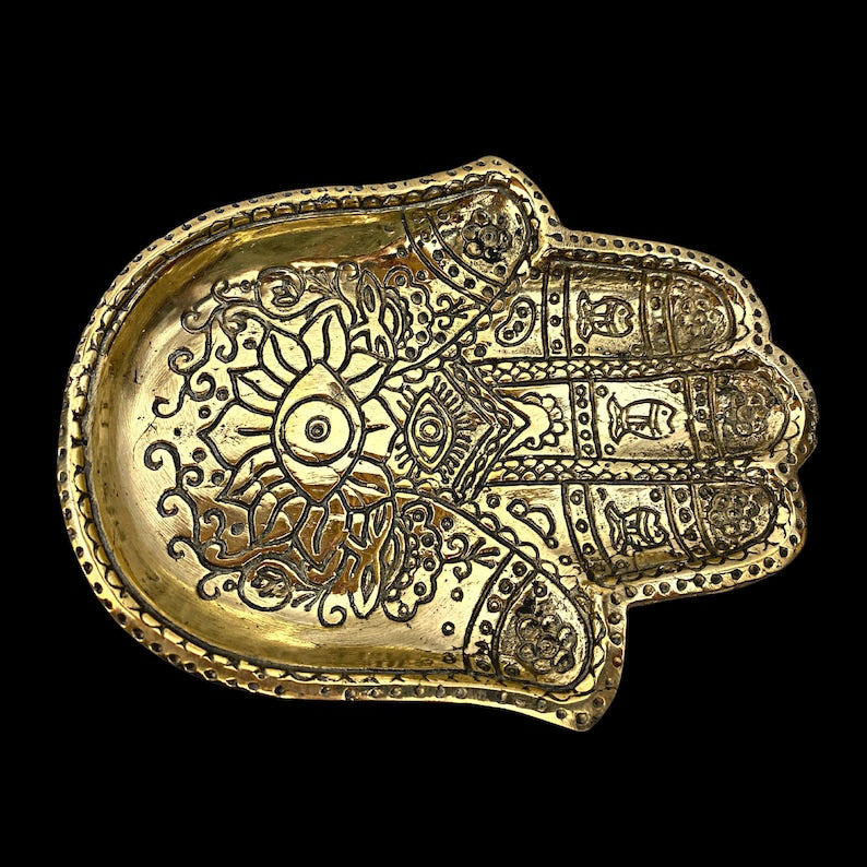 Handmade Brass Hamsa Hand Tray – Engraved Evil Eye Decorative Catchall Dish