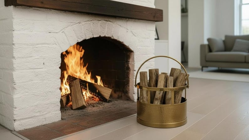 Handmade Solid Brass Firewood Log Holder – Hammered Brass Fireplace Wood Basket