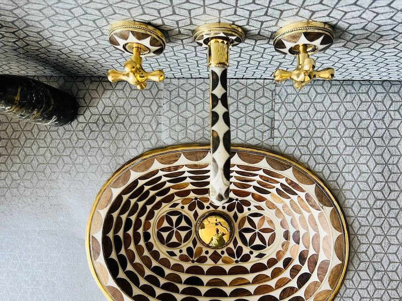 Moroccan Inlay Vessel Sink with Matching Mosaic Wall Mount Faucet