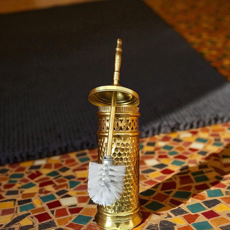 Handmade Solid Brass Toilet Brush Holder – Moroccan Pierced Brass Bathroom Accessory