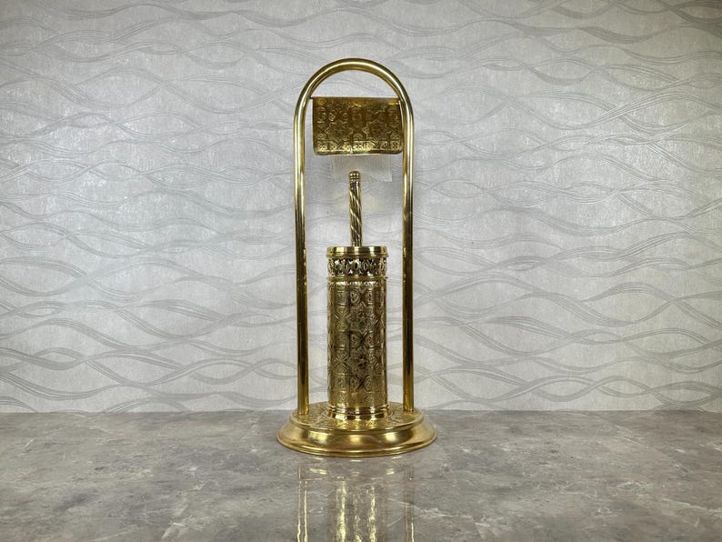Handmade Solid Brass Toilet Paper Holder with Stand – Moroccan Engraved Freestanding Bathroom Accessory
