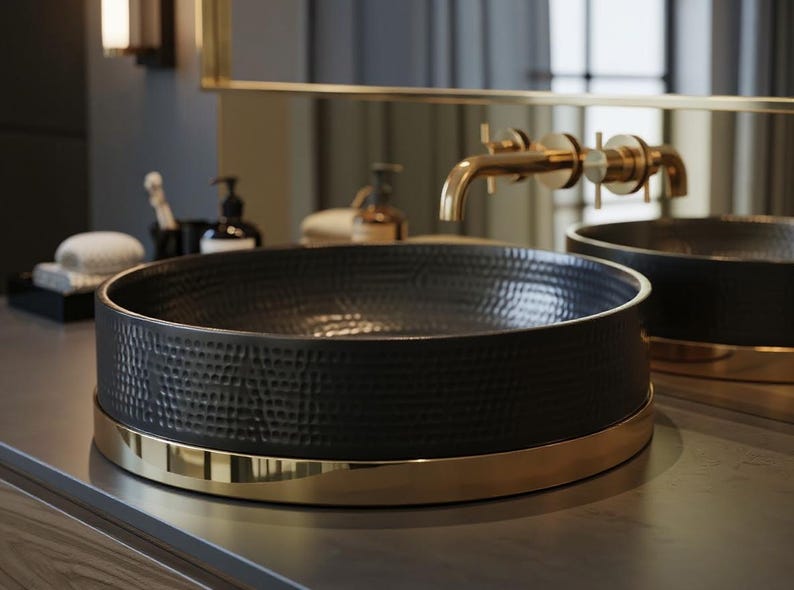 Matte Black Hammered Vessel Sink with Brass Base Ring