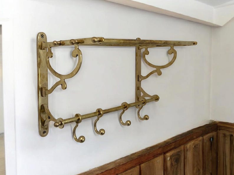 Handmade Solid Brass Wall Shelf with Hooks – Vintage Moroccan Bathroom & Entryway Rack