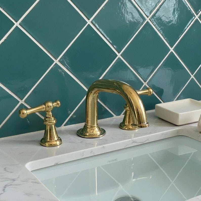 Widespread Unlacquered Brass Bathroom Faucet with Classic Lever Handles